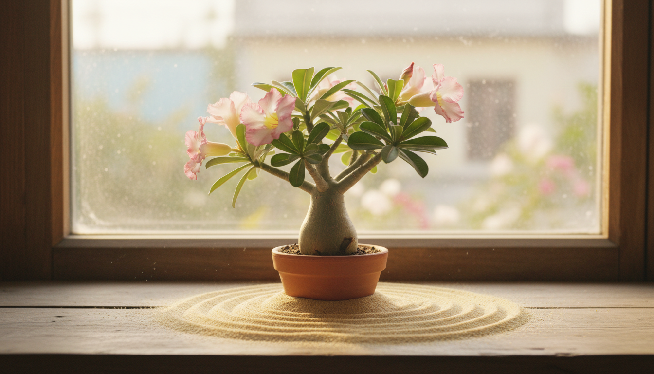 Адениум (Adenium obesum), на южном подоконнике с песчаной композицией