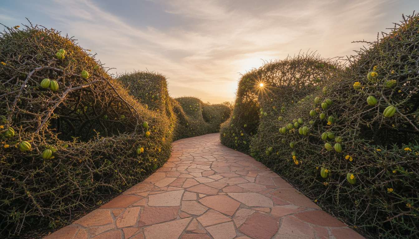 Акантосициос ощетиненный (Acanthosicyos horridus), как формованная изгородь вдоль каменной дорожки