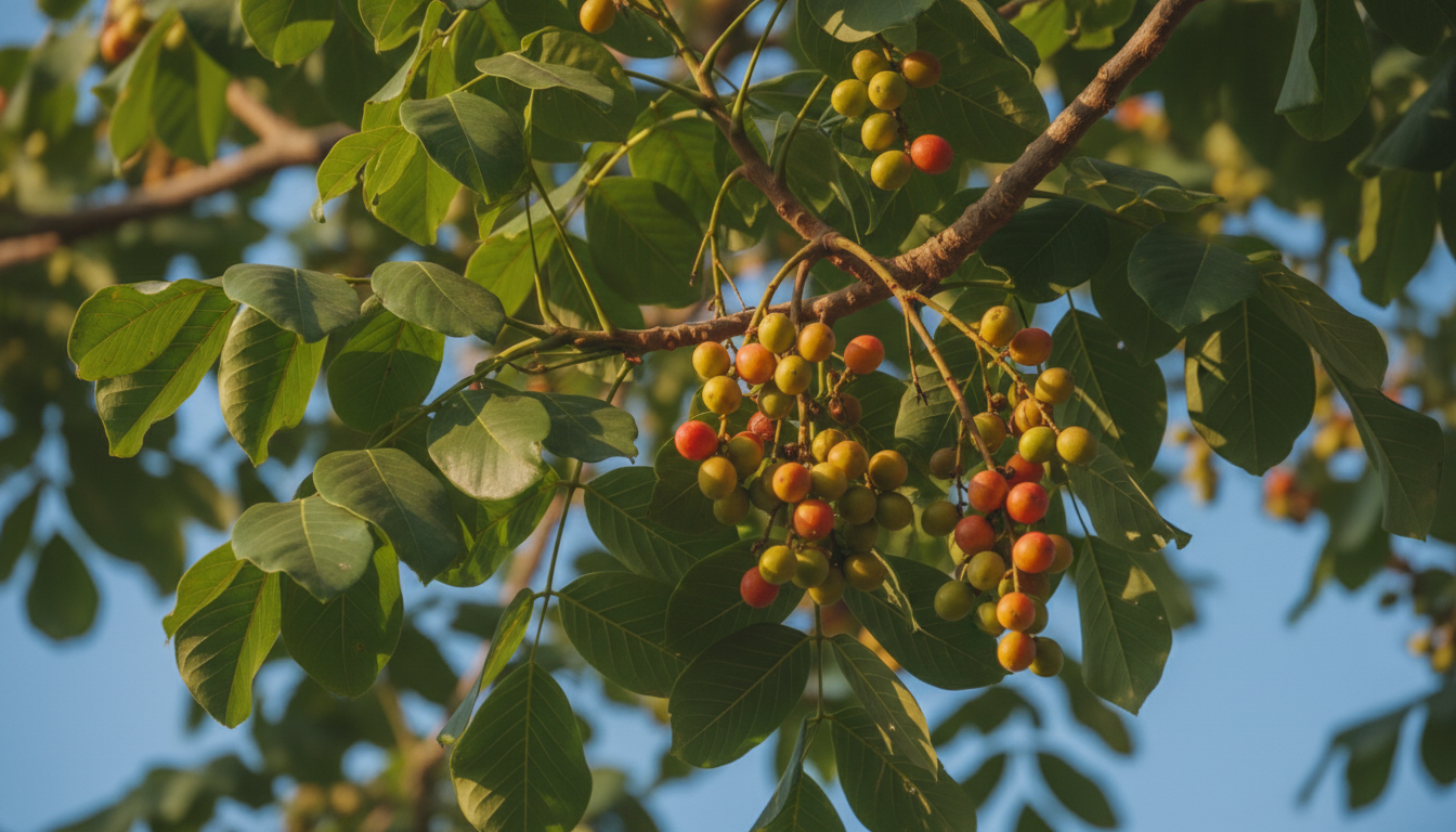 Ашока (Saraca asoca), на фоне неба с плодами на ветвях