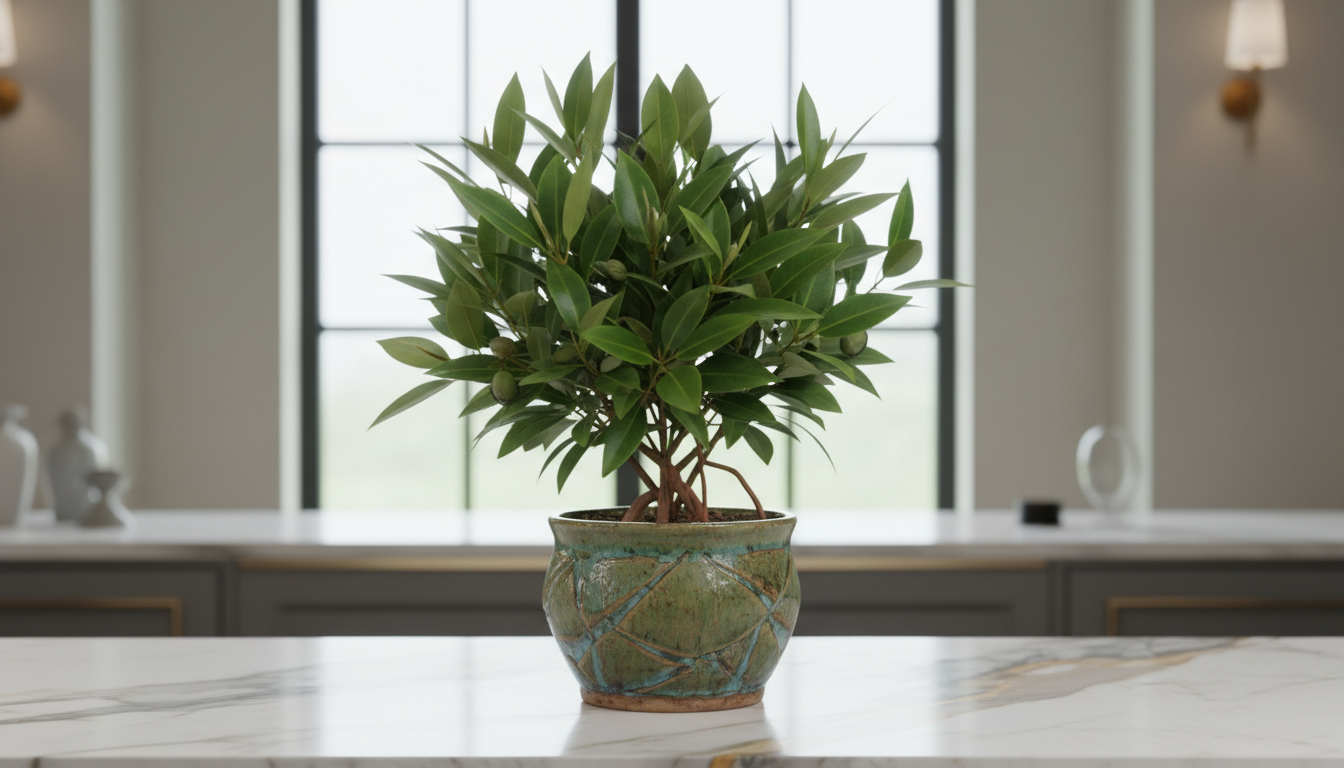 Авиценния морская (Avicennia marina), в керамическом кашпо на мраморной столешнице