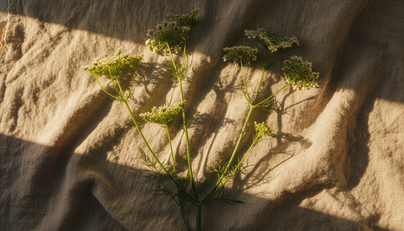 Бедренец голостебельный (Pimpinella nudicaulis), свежесрезанные стебли на льняной ткани