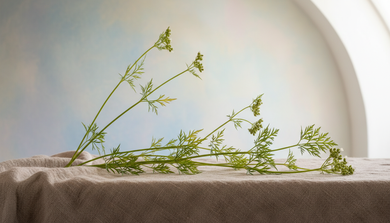 Бедренец горичниколистный (Pimpinella peucedanifolia), свежесрезанные стебли на льняной ткани