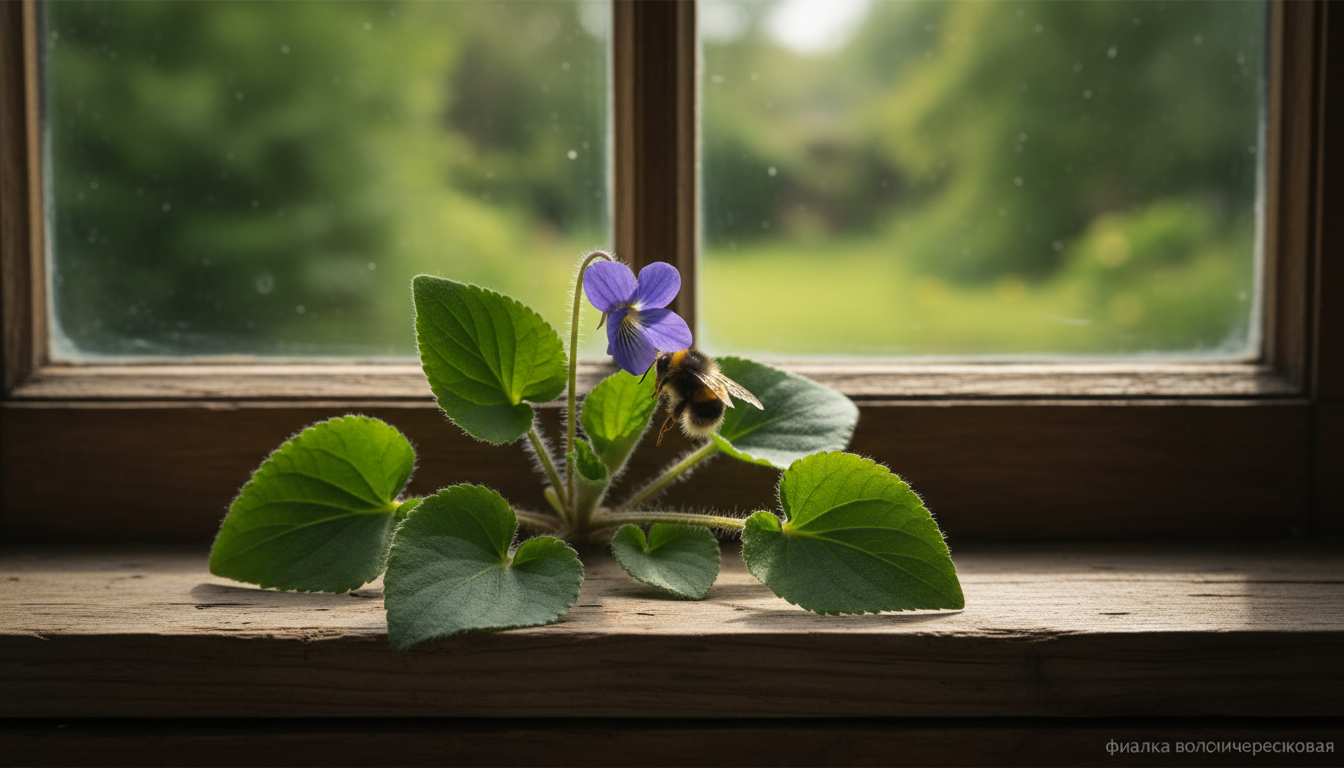 Фиалка волосисточерешковая (Viola hirtipes), крупный план цветка с пчелой