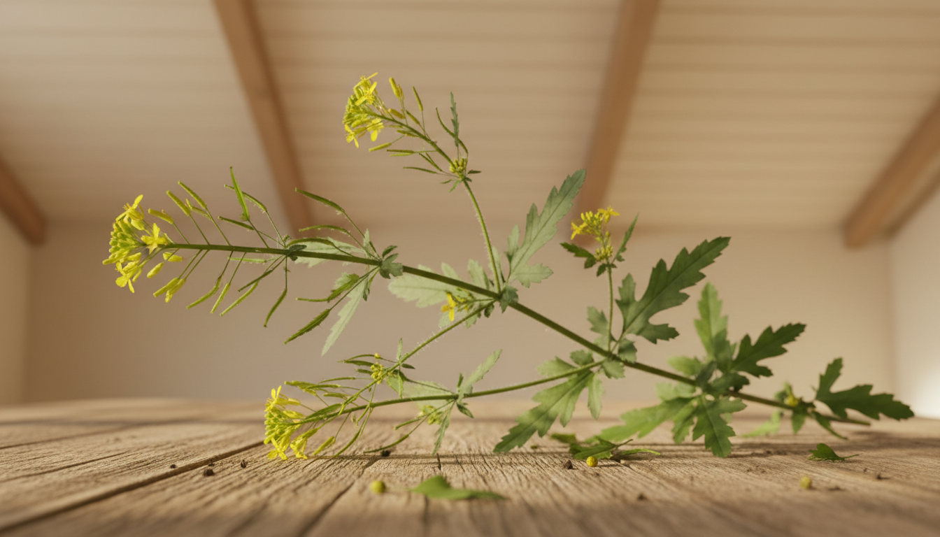 Гулявник лекарственный (Sisymbrium officinale), свежий сбор на деревянном столе