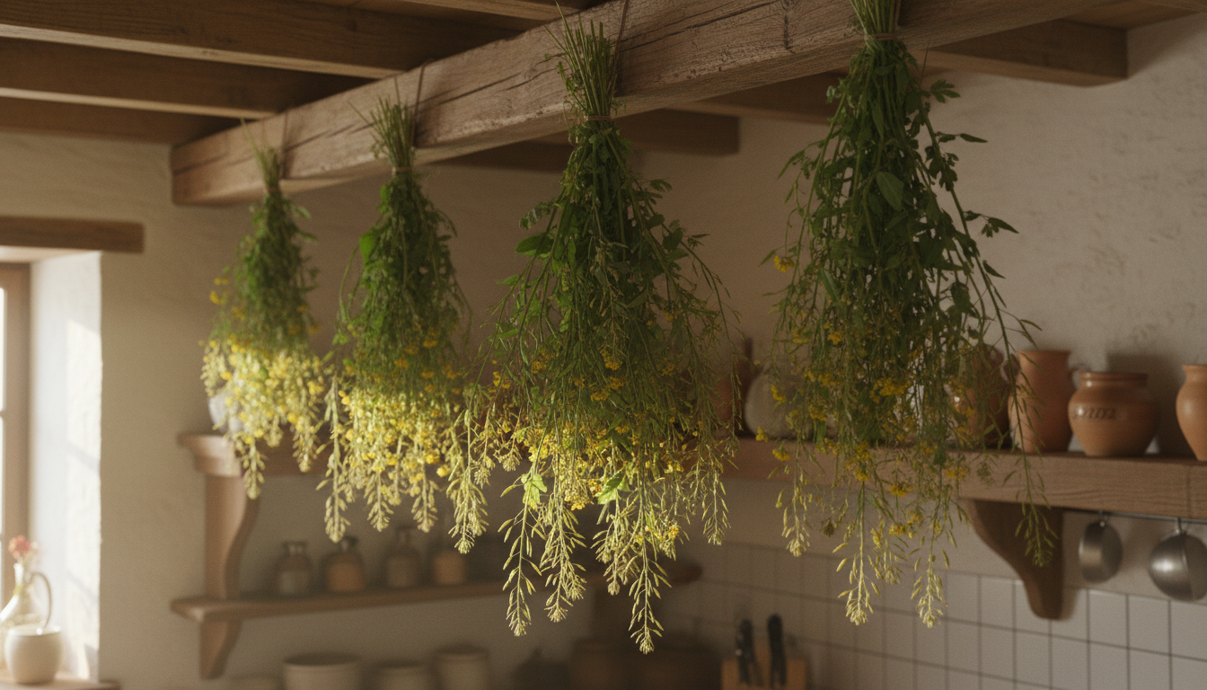 Гулявник прямой (Sisymbrium strictissimum), пучками сушится на балках на кухне