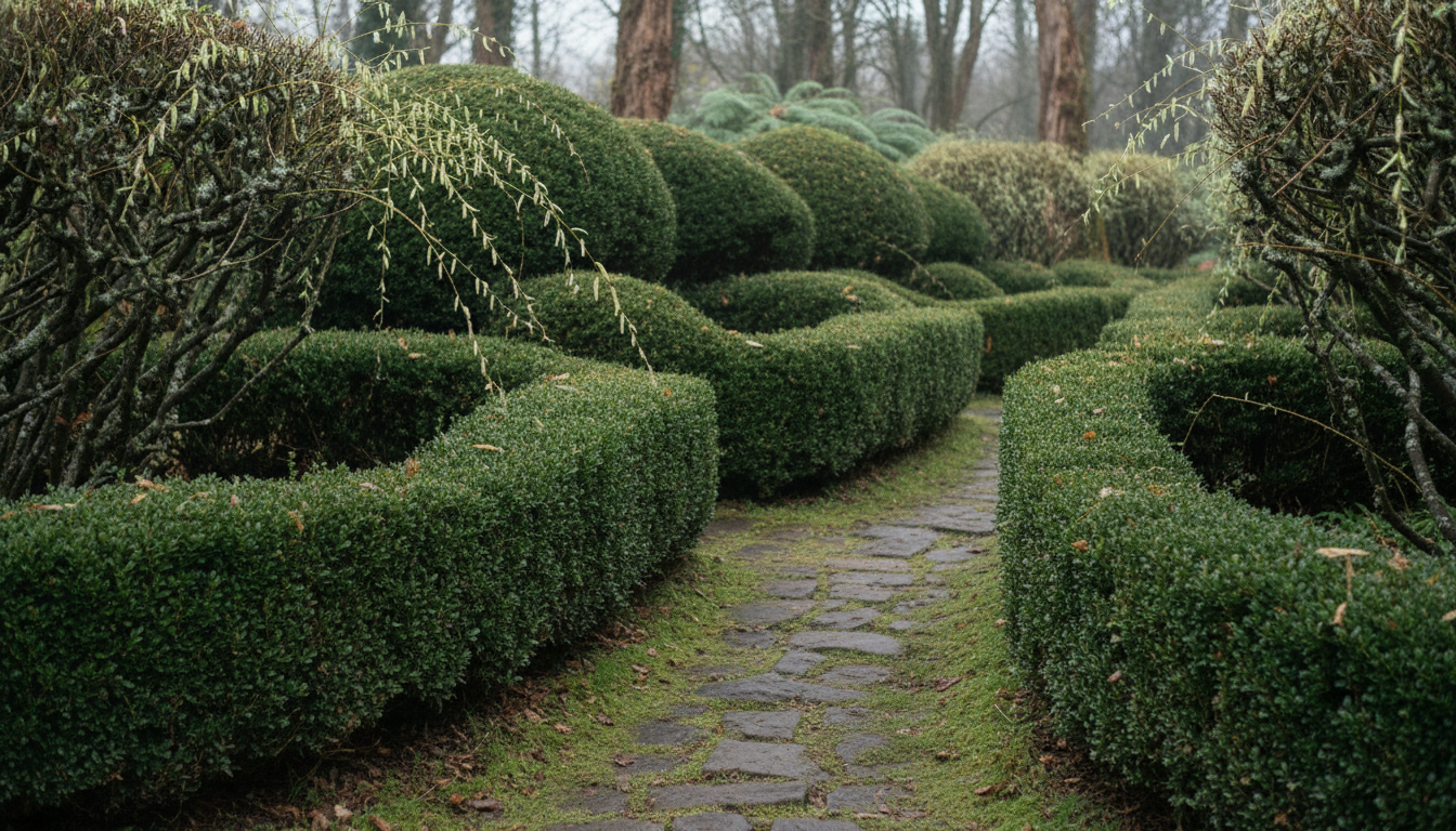 Ива тонкосерёжчатая (Salix tenuijulis), как формованная изгородь вдоль каменной дорожки