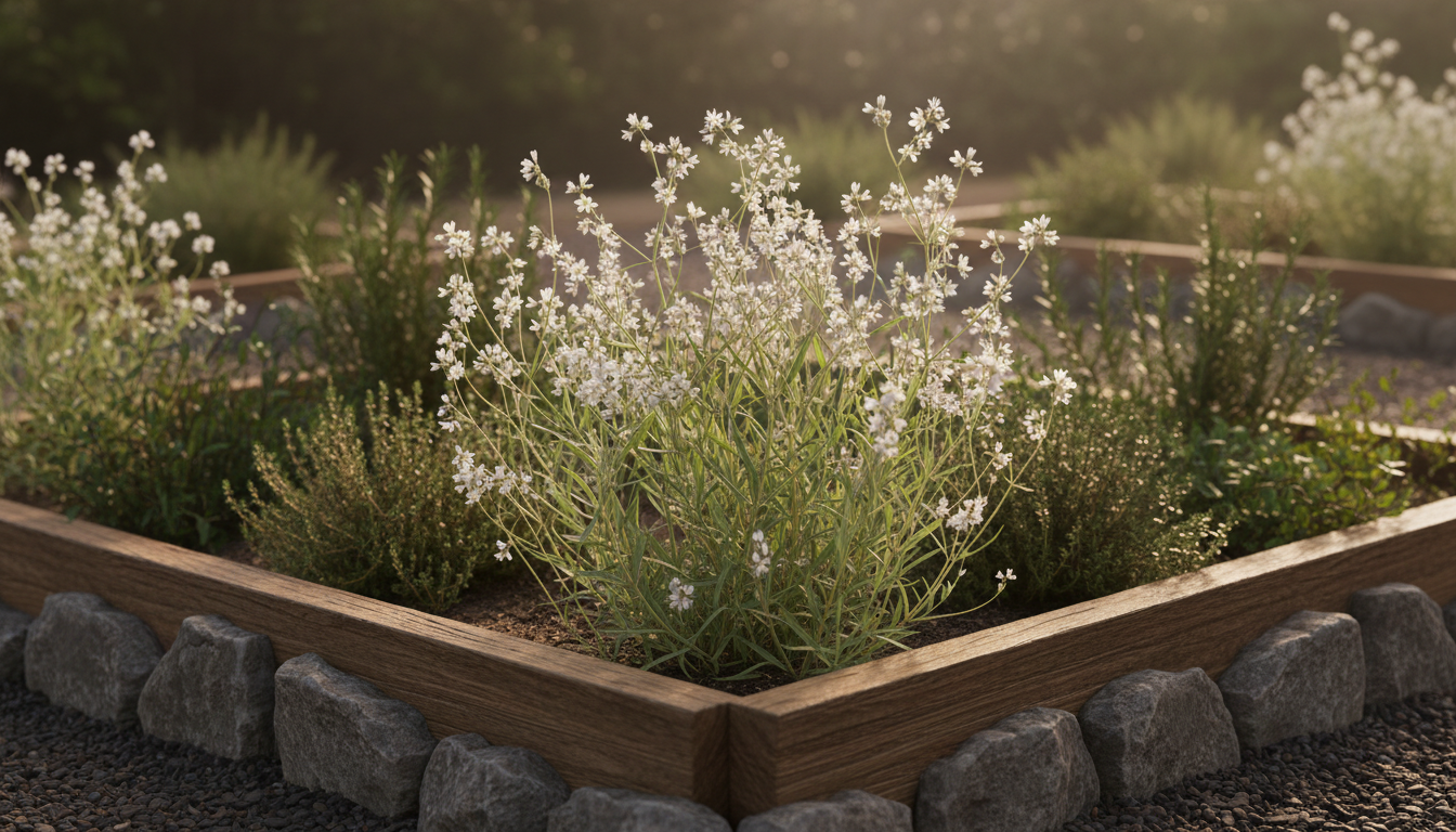 Хоризанте паникулата (Chorizanthe paniculata), приподнятая грядка с пряными травами