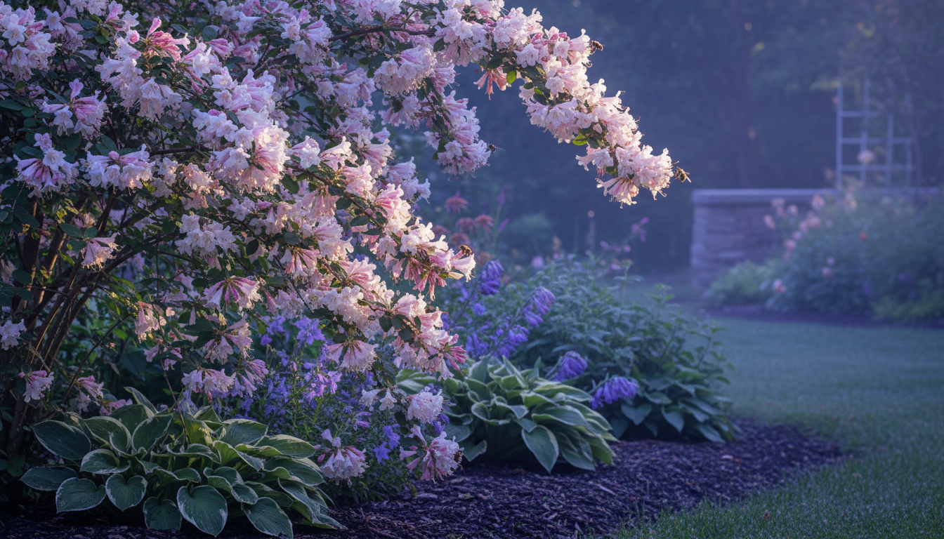 Кольквиция (Kolkwitzia amabilis), в цветении на солнечном участке