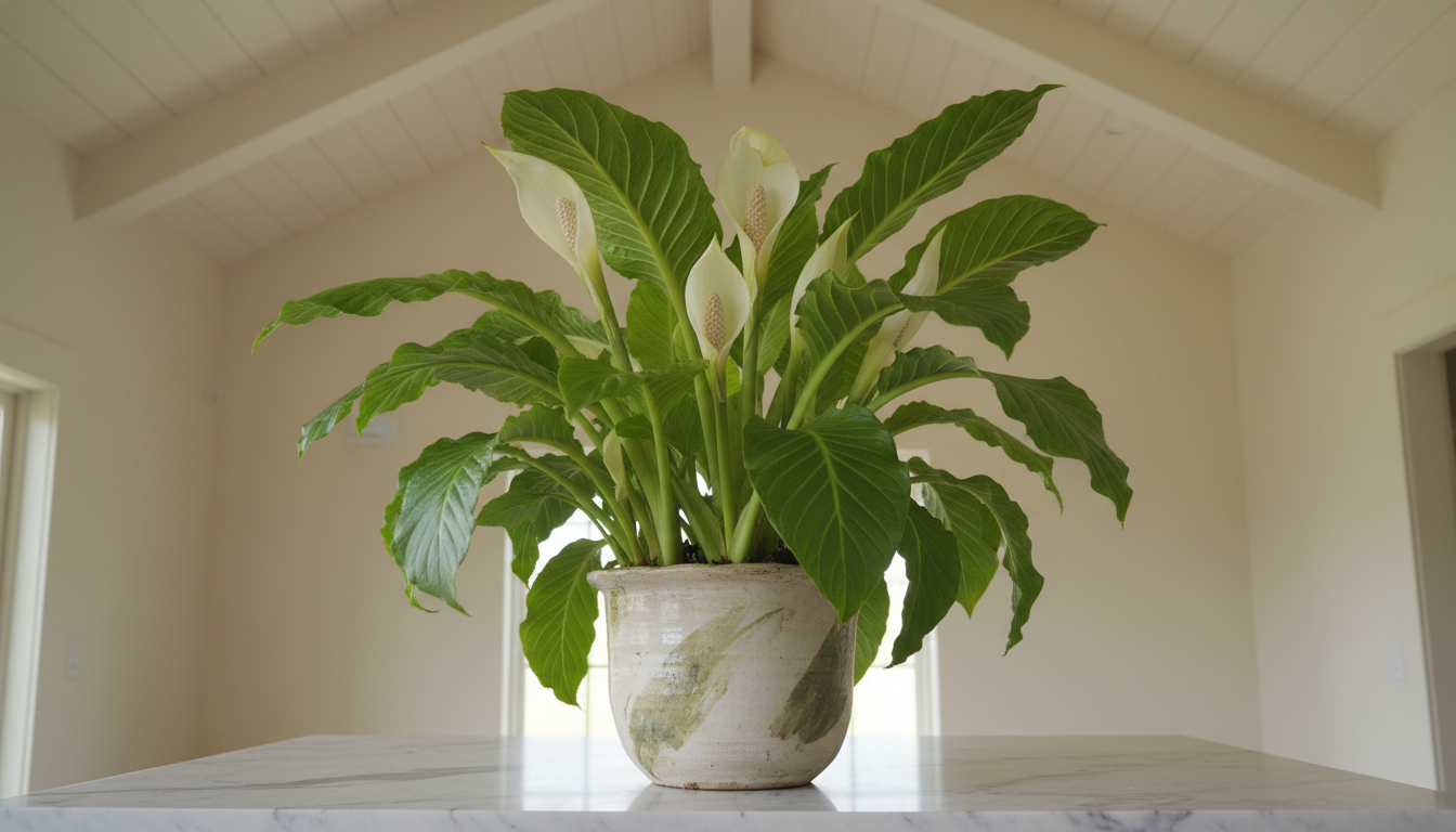 Лизихитон камчатский (Lysichiton camtschatcensis), в керамическом кашпо на мраморной столешнице