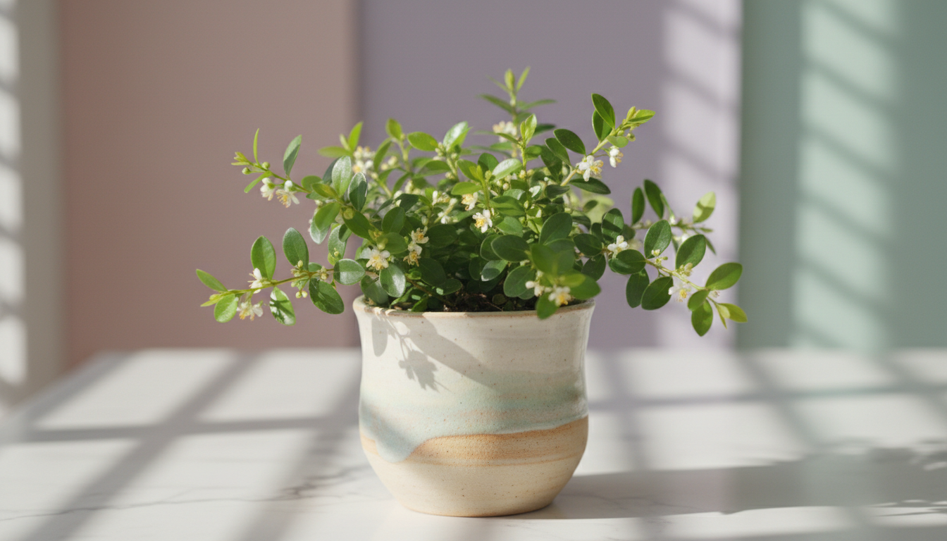 Мирт (Myrtus communis), в керамическом кашпо на мраморной столешнице