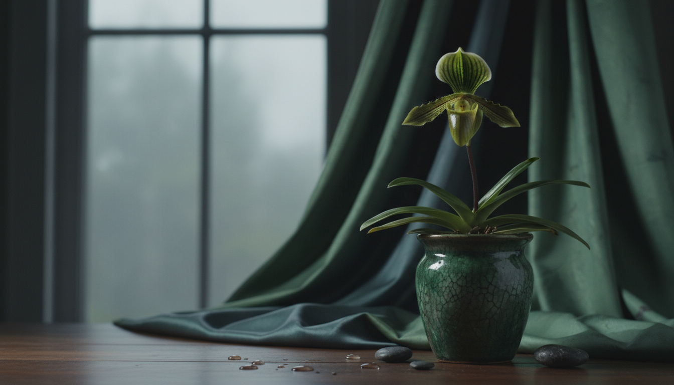 Пафиопедилум (Paphiopedilum), в элегантной композиции с шёлковым фоном