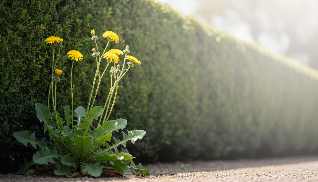 Пазник укореняющийся (Hypochaeris radicata), в английском саду у самшитовой изгороди