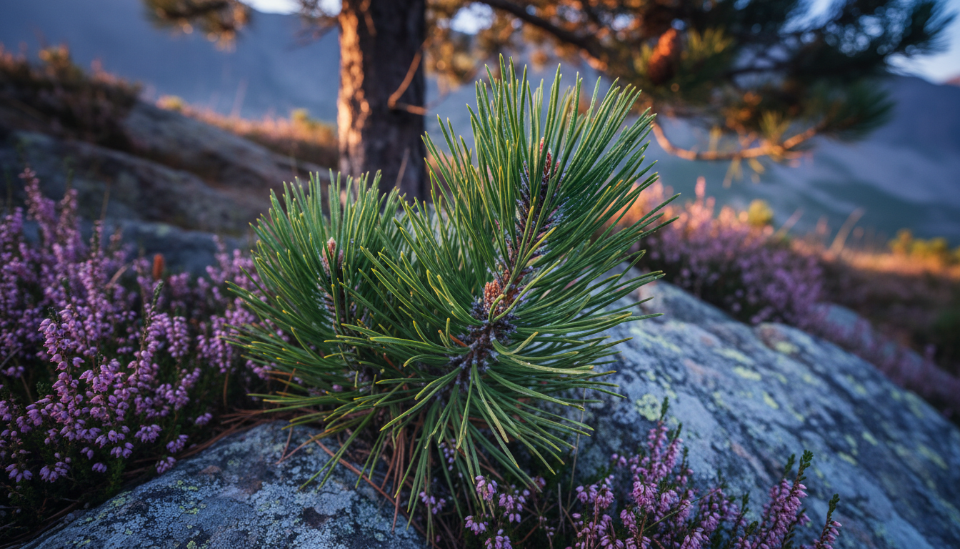 Сосна островная (Pinus kesiya), в альпинарии среди гранитных камней