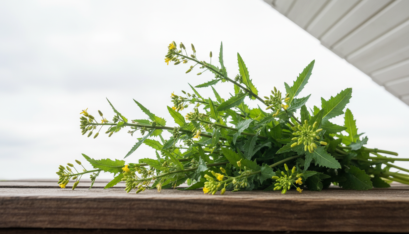 Сурепка сжатая (Barbarea stricta), свежий сбор на деревянном столе