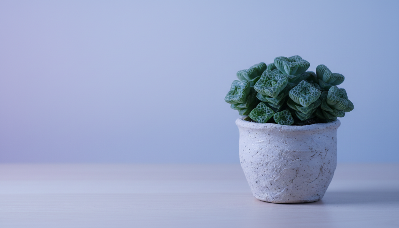 Толстянка сетчатая (Crassula plegmatoides), крупным планом в авторском кашпо на столе