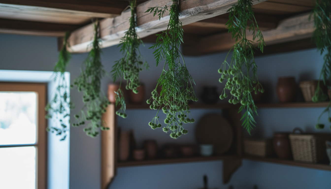 Цепкоплодник узловатый (Torilis nodosa), пучками сушится на балках на кухне