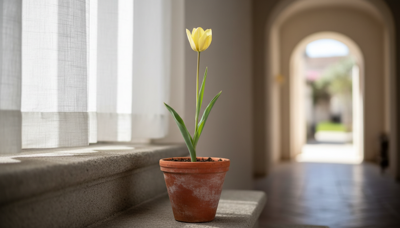 Тюльпан Биберштейна (Tulipa biebersteiniana), в терракотовом горшке на каменной ступени