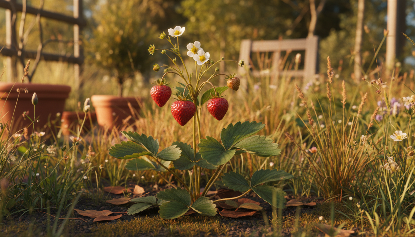 Земляника садовая (Fragaria × ananassa), в коттеджном саду среди декоративных злаков