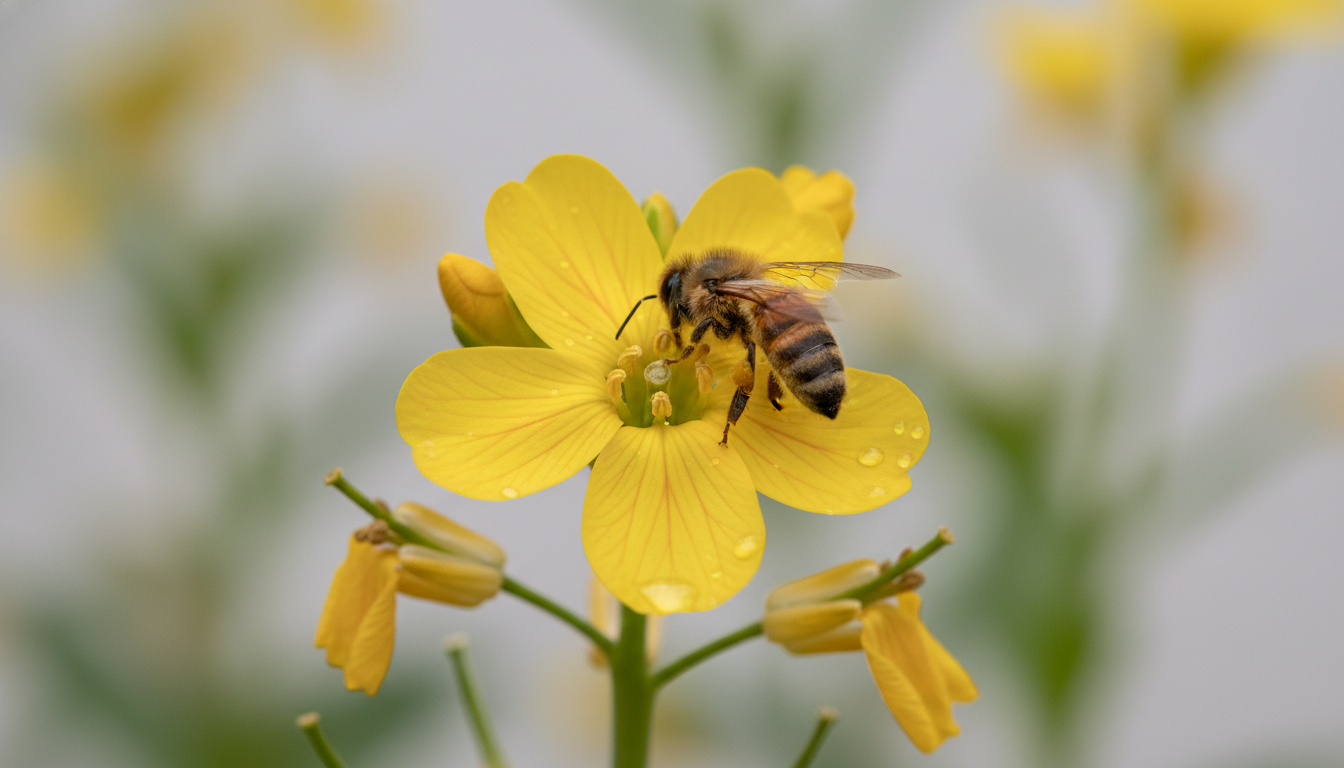 Желтофиоль (Erysimum × cheiri), крупный план цветка с пчелой